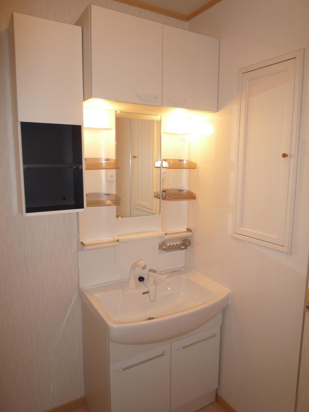 Wash basin, toilet. Side with storage