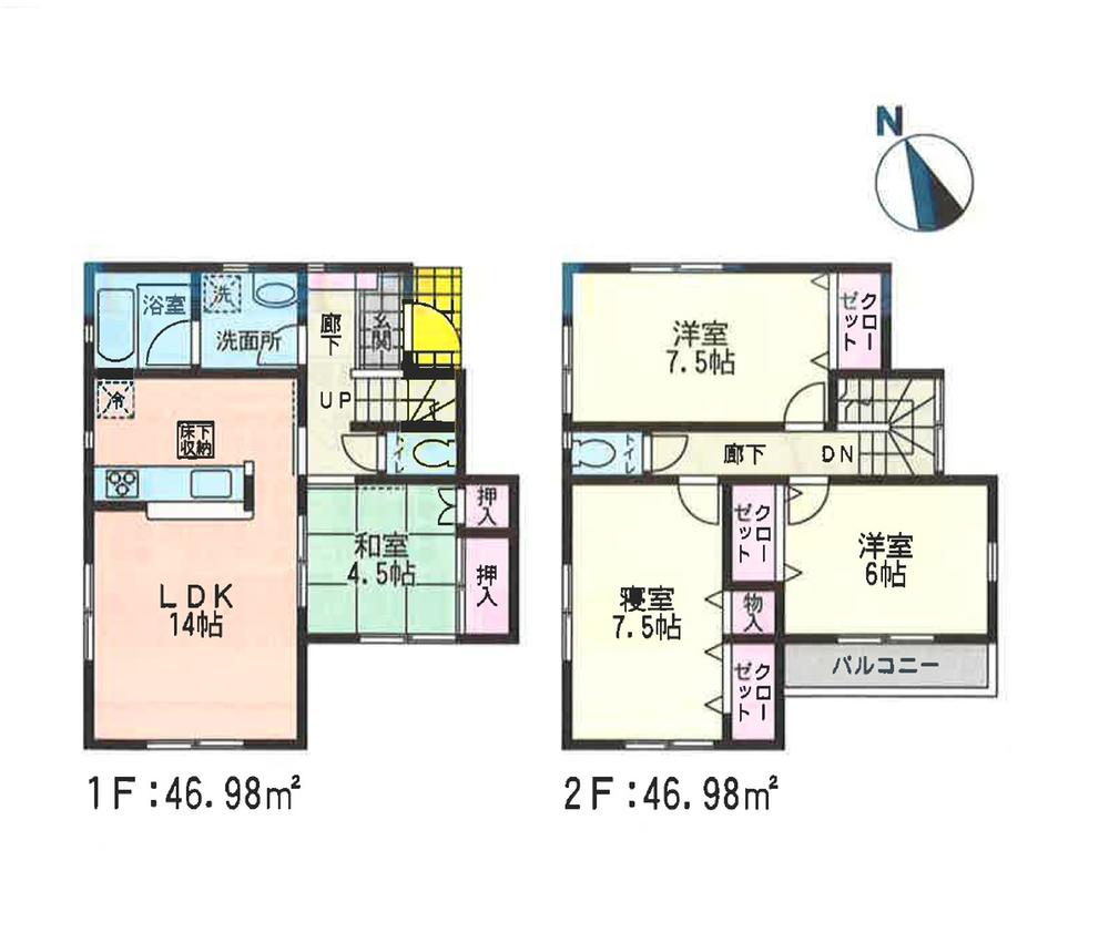 Floor plan. (6 Building), Price 36,300,000 yen, 4LDK, Land area 136.44 sq m , Building area 93.96 sq m