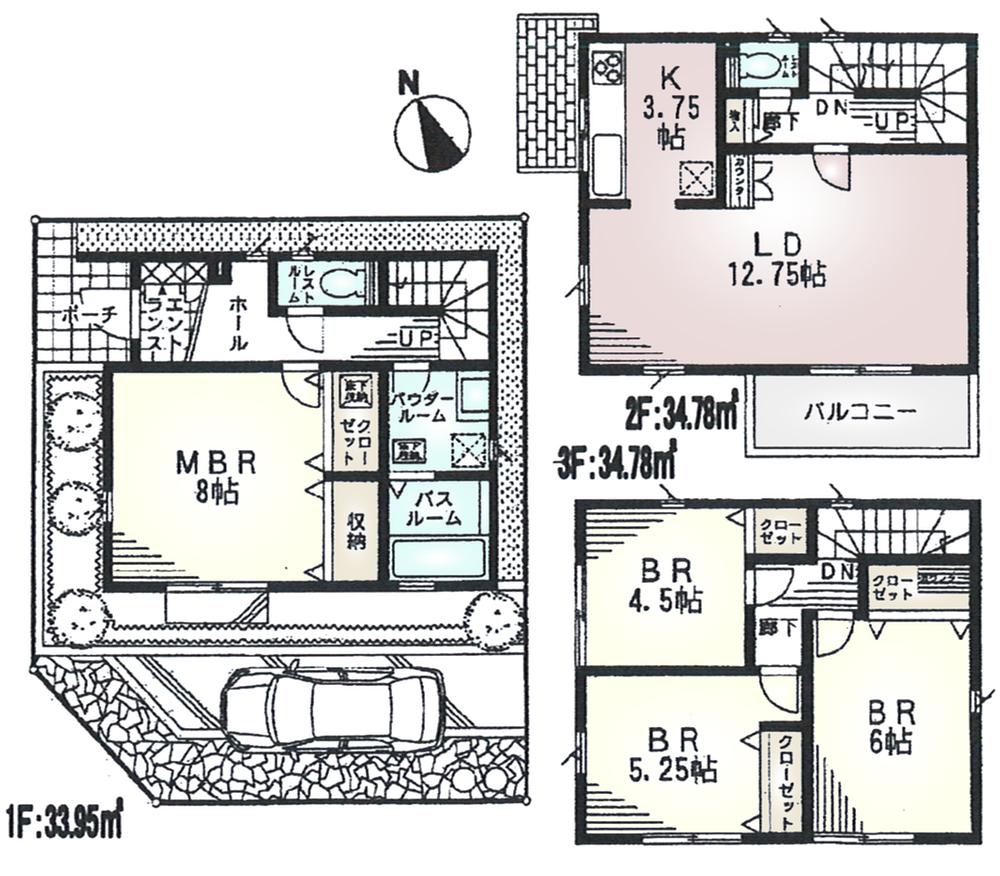 Floor plan. (1 Building), Price 42,800,000 yen, 4LDK, Land area 76.39 sq m , Building area 103.51 sq m