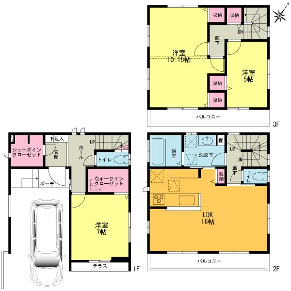 Floor plan. (3 Building), Price 46,830,000 yen, 3LDK, Land area 75.29 sq m , Building area 102.65 sq m