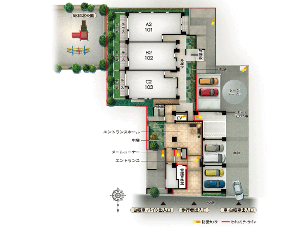 Shared facilities.  [Master plan] Also installation functional entrance from the west side of the parking lot can approach directly to the elevator hall. Distribution building plan in the center of the elevator hall, To crank so that it does not foresee the outside hallway by adopting the two buildings construction which arranged the north tower and the south tower, Such as further increase the corner dwelling unit rate up to about 68% (41 Eucommia 28 units), It has achieved a high floor plan of quality to enhance the privacy of. Also, South tower of the dwelling unit is by placing a balcony on the side facing the Showakita park, It has enabled a comfortable living environment spread airy. (Conceptual diagram)