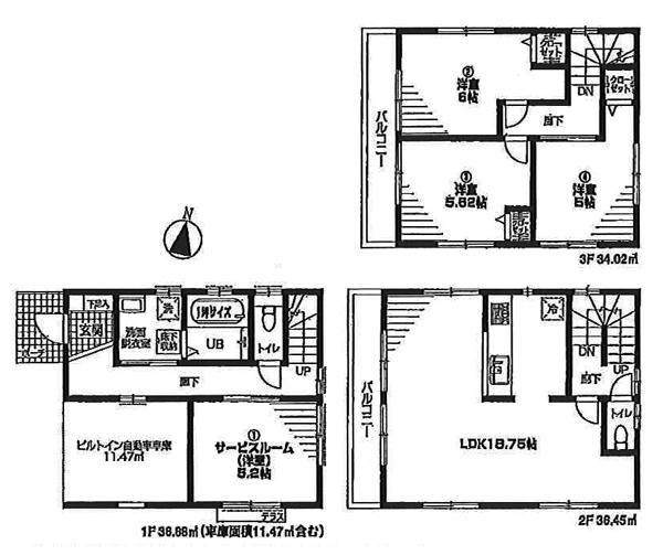 Floor plan. (Building 2), Price 35,800,000 yen, 3LDK+S, Land area 62.53 sq m , Building area 109.35 sq m