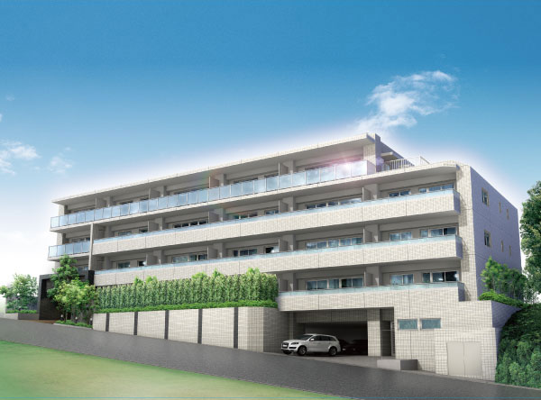 Buildings and facilities. Big tree is adjacent to a park in the leading role, While feeling graceful form in low-rise unique carefree horizontal line where the monotone color with a calm to keynote, now, Proud to live in again hill. (Exterior - Rendering /  ※ Which was raised drawn based on drawing, In fact a slightly different.  ※ Planting does not indicate the status of a particular season. Also, Tree species of planting ・ About the size has become a undetermined, It does not grow to about Rendering at the time of completion. )