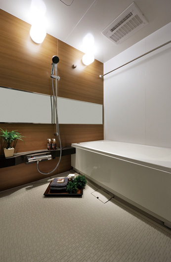 Bathing-wash room.  [Bathroom] Space for healing luxury, Bathroom. Difficult Thermo floor to feel the "cold" feel to the back foot when he entered the bathroom in the structure of its own heat-insulating layer, Hot water from the hot water-covered ・ Water temperature adjustment, Has adopted a simple Otobasu like to keep warm.