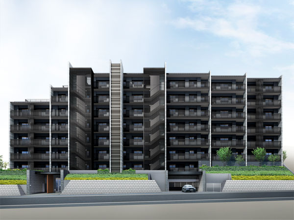 Buildings and facilities. All houses southeast. Shine in Garden City, Refinement of form. The sky is reflected vividly in the glass of the south-east-facing balcony, which took a wide opening. (Exterior view)