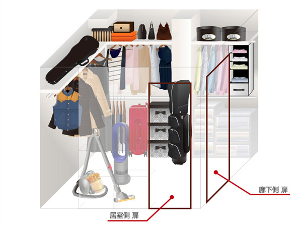 Room and equipment. Both free and out from the corridor side from the room side! Of family cloak doorway is provided in two places of the living room side and the corridor side, Family will be available with everyone without having to interfere with the private. (Family cloak Rendering illustrations / A1 type, etc.)