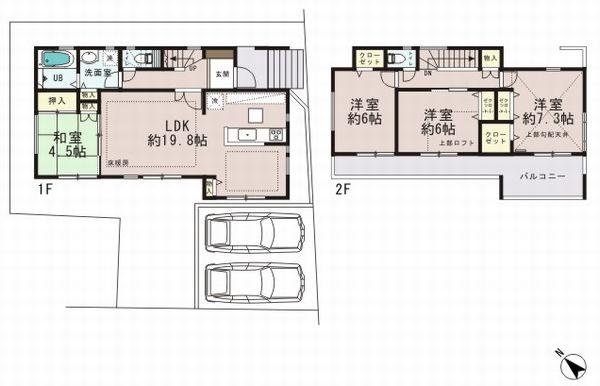 Floor plan. 54,800,000 yen, 4LDK, Land area 141.24 sq m , Building area 104.74 sq m All rooms southwestward, It is a two-story 4LDK, which is also a little garden.