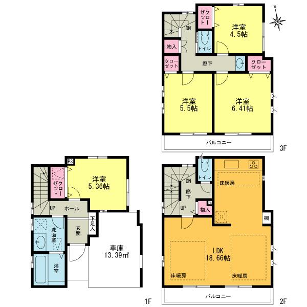 Floor plan. (1 Building), Price 37,800,000 yen, 4LDK, Land area 58.73 sq m , Building area 113.84 sq m