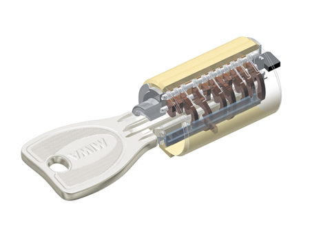 Security.  [Progressive cylinder key] Ding Bull key structure is complex and picking and replication increased the difficulty of crime prevention. Further adopt a double-block system that was installed the keyhole of the easy-to-read luminous type even at night in two, upper and lower portions of the front door. (Conceptual diagram)