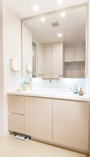 Bathing-wash room.  [POWDER ROOM] Beautiful in appearance, Since there is no joint counter integrated it is possible to suppress the occurrence of stain and mold bowl. Care is also easy.