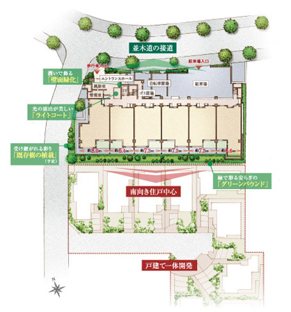 Features of the building.  [Residence of daylight rich south-facing center] Rich and tree-lined streets and Seddo, The site tried to harmony with the landscape of the surrounding area by arranging the existing trees, "Dressel Saginuma Rei Square". It has achieved distribution building plan of the wide span dwelling unit center. (Site layout)