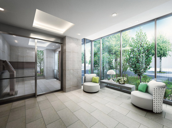 Features of the building.  [Entrance hall] Is tied with green tree-lined, Symbiosis of Jing, Life of Led Shi peace. (Entrance Hall Rendering)