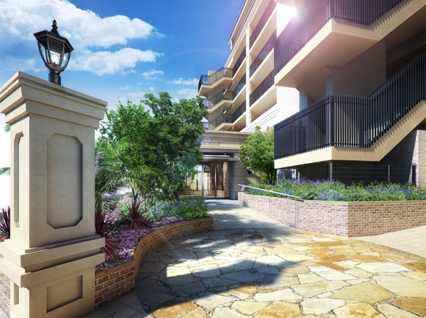 Shared facilities.  [entrance] Design theme of appearance, "Roth gate of iron shine in green luxury apartments". While in concert with the natural Miyamaedaira, Earth color of outer wall tiles that gives off a solid presence. Ingenious design and production, such as classical lamps decorate the entrance to the elegance, It adorned the day-to-day life. (Rendering)
