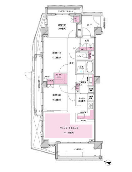 A type 3LDK + WIC (Phase 2 secondary) Occupied area / 76.08 sq m  Balcony area / 7.61 sq m  Service balcony area / 7.14 sq m  Porch area / 4.49 sq m