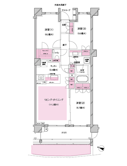 Bg type 3LDK + WIC (Phase 2 secondary) Occupied area / 70.22 sq m  Terrace area 8.7 sq m  Outdoor unit space area / 1.00 sq m  Alcove area / 1.87 sq m