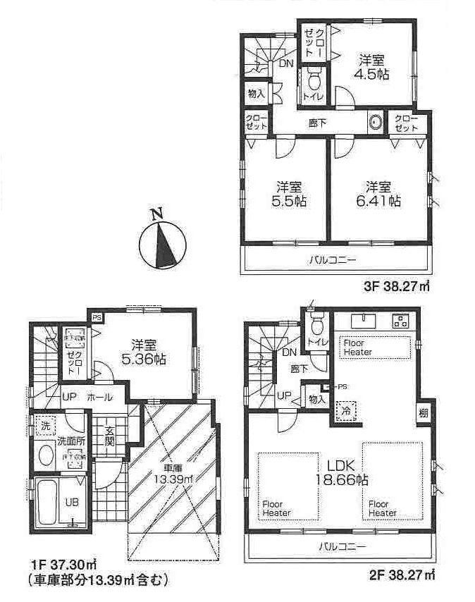 Floor plan. (1 Building), Price 37,800,000 yen, 4LDK, Land area 58.73 sq m , Building area 113.84 sq m