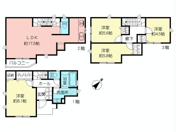 Floor plan. (1 Building), Price 37,800,000 yen, 4LDK, Land area 71.39 sq m , Building area 101.02 sq m