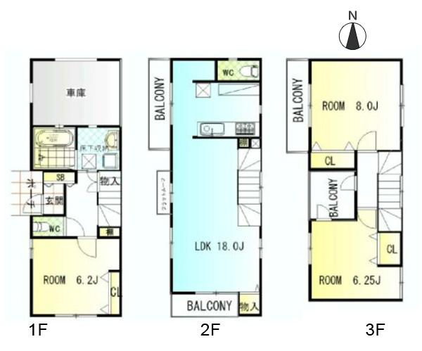 Floor plan. (Building 2), Price 48,500,000 yen, 3LDK, Land area 63.57 sq m , Building area 106.38 sq m