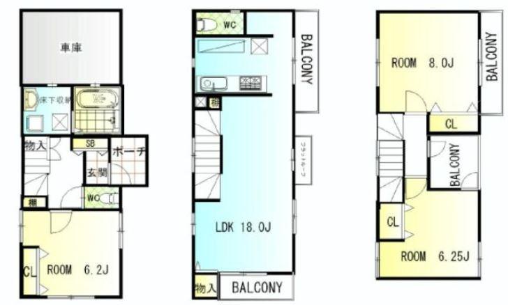 Floor plan. (5 Building), Price 48,500,000 yen, 3LDK, Land area 63.36 sq m , Building area 106.25 sq m
