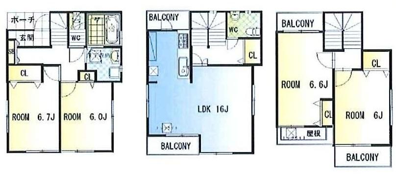 Floor plan. (3 Building), Price 49,500,000 yen, 4LDK, Land area 68.51 sq m , Building area 103.5 sq m