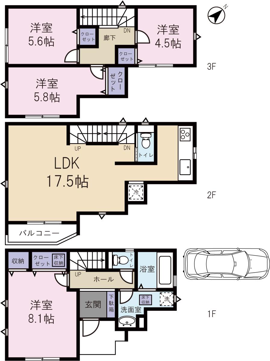Floor plan. (1 Building), Price 37,800,000 yen, 4LDK, Land area 71.39 sq m , Building area 101.02 sq m