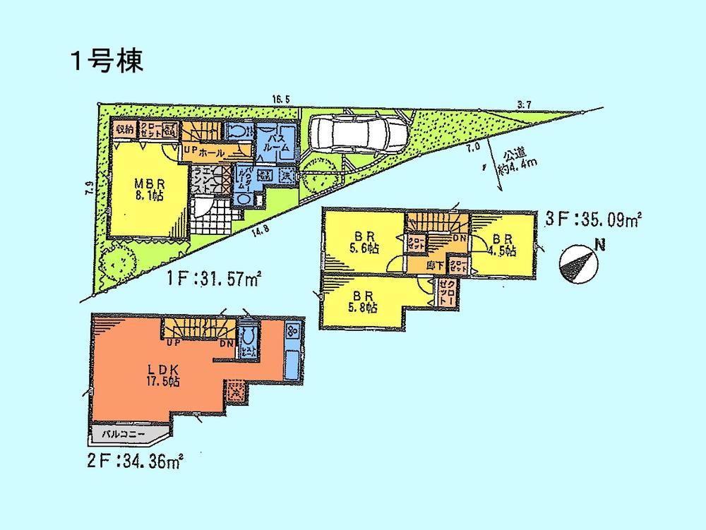 Floor plan. (1 Building), Price 37,800,000 yen, 4LDK, Land area 71.39 sq m , Building area 101.02 sq m