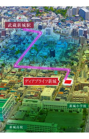 Local Aerial photo which has been subjected to CG processing (2013 shooting) shopping street zone (blue), Residential zone (yellow), Public zone (green)