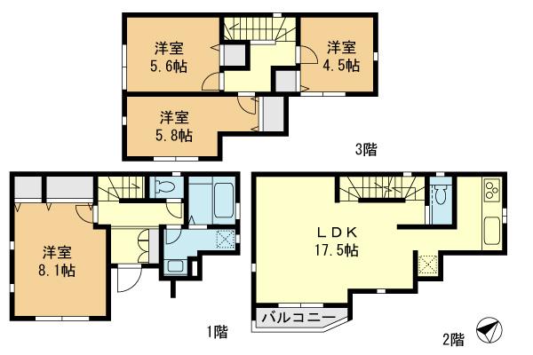 Floor plan. (1 Building), Price 37,800,000 yen, 4LDK, Land area 71.39 sq m , Building area 101.02 sq m