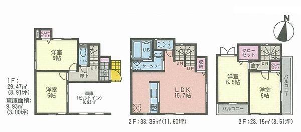 Floor plan. (3 Building), Price 41,800,000 yen, 4LDK, Land area 59.78 sq m , Building area 105.91 sq m