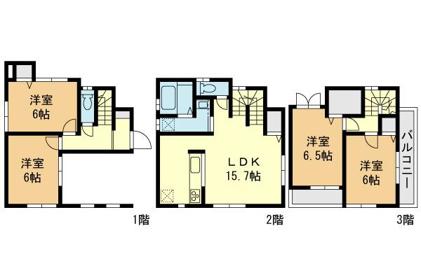 Floor plan. (3 Building), Price 41,800,000 yen, 4LDK, Land area 59.78 sq m , Building area 105.91 sq m