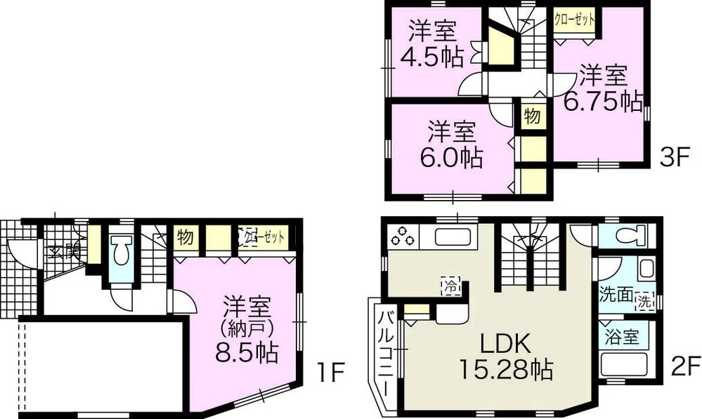 Floor plan. (3 Building), Price 43,800,000 yen, 4LDK, Land area 70.02 sq m , Building area 117.02 sq m