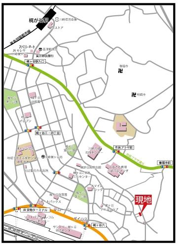 Local guide map. It passes through the small ridge road of the hill from Kajigaya Station because the bicycle is also available