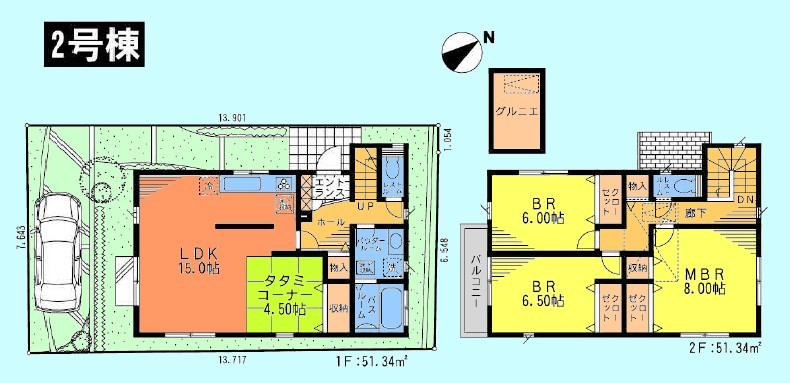Floor plan. (Building 2), Price 46,800,000 yen, 3LDK, Land area 105.54 sq m , Building area 102.68 sq m