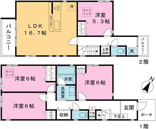 Floor plan. (E Building), Price 52,800,000 yen, 2LDK+2S, Land area 92.46 sq m , Building area 99.82 sq m
