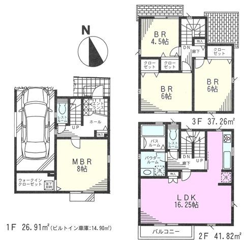 Floor plan. (3 Building), Price 47,800,000 yen, 4LDK, Land area 70.11 sq m , Building area 105.99 sq m