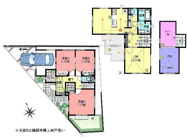 Floor plan. 52,800,000 yen, 2LDK+S, Land area 101.12 sq m , Building area 105.57 sq m shoes closet ・ Walk-in closet ・ Loft, such as a storage space rich. 2 × 4 construction method. Next-generation energy-saving housing.