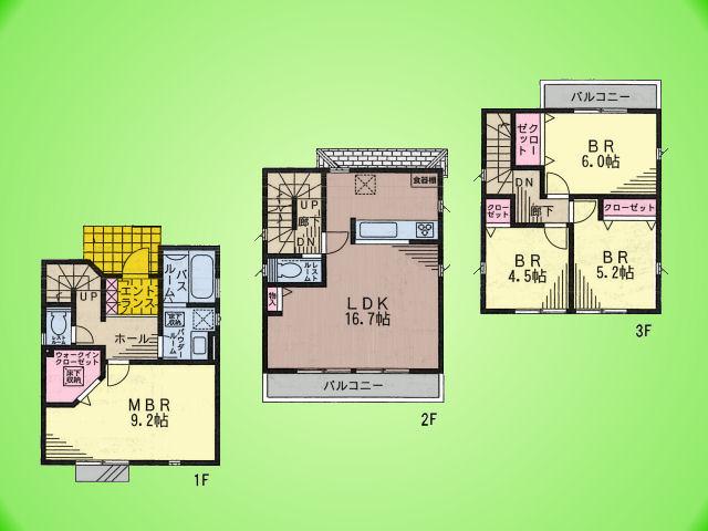 Floor plan. (3 Building), Price 40,800,000 yen, 4LDK, Land area 92.03 sq m , Building area 104.23 sq m