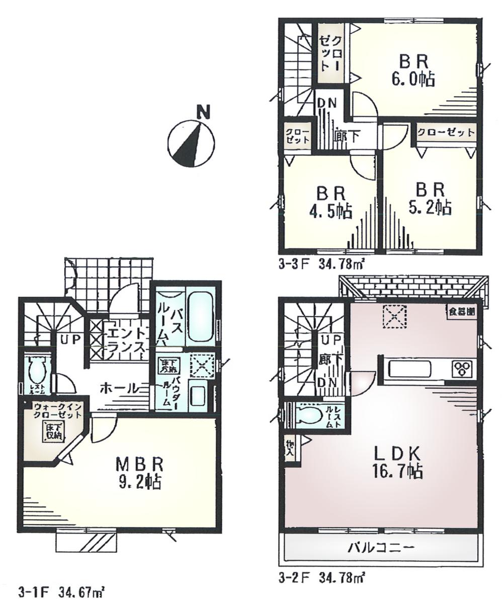Floor plan. (3 Building), Price 40,800,000 yen, 4LDK, Land area 92.03 sq m , Building area 104.23 sq m