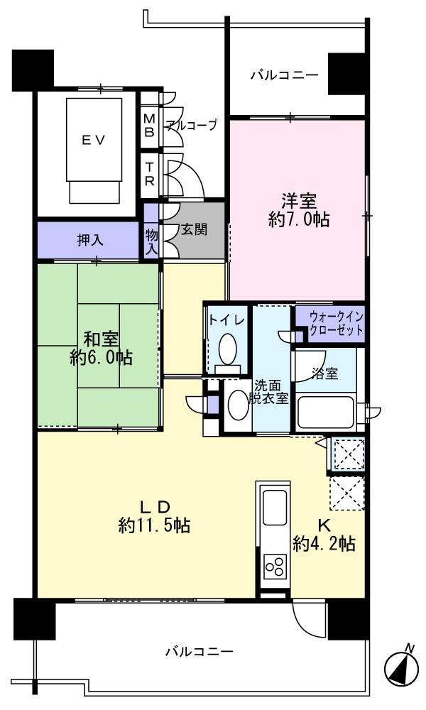 Floor plan. 2LDK, Price 24,900,000 yen, Footprint 65.2 sq m , Balcony area 19.75 sq m