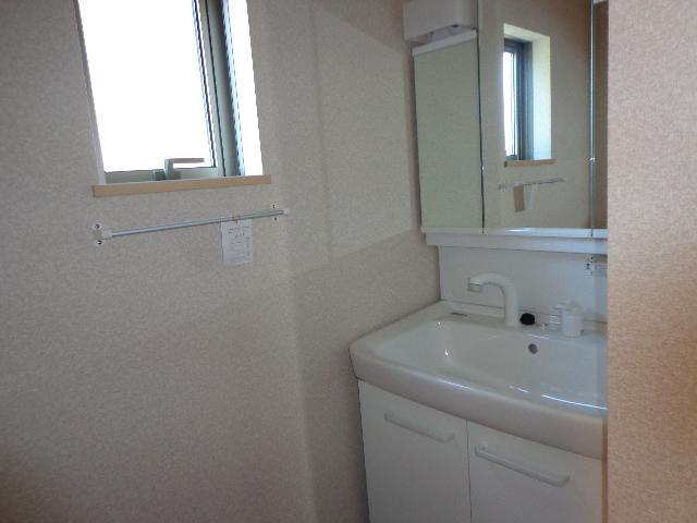 Wash basin, toilet. Three-way mirror with storage vanity