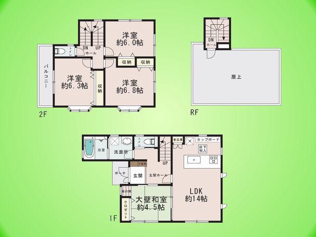Floor plan. 27,900,000 yen, 4LDK, Land area 105.16 sq m , Building area 97.45 sq m popularity of face-to-face kitchen and a roof of a house ☆