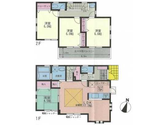 Floor plan. 1st floor: LDK about 17.2 Pledge ・ Japanese-style room 4.5 Pledge Second floor: Western-style about 6.6 Pledge ・ Western-style about 6 Pledge × 2