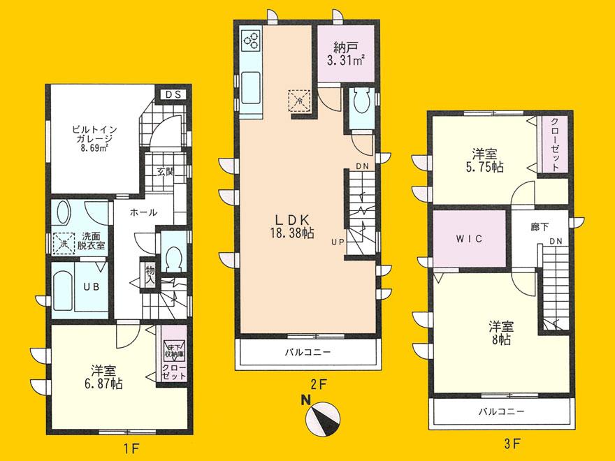 Floor plan. (1 Building), Price 33,800,000 yen, 3LDK+S, Land area 111.78 sq m , Building area 74.39 sq m