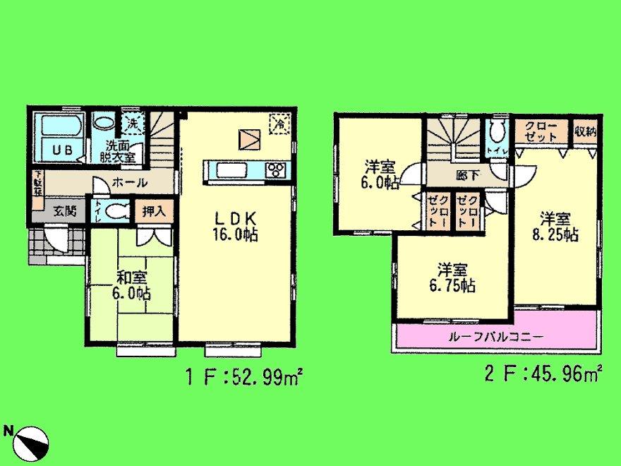 Floor plan. (Building 2), Price 28,200,000 yen, 4LDK, Land area 110.19 sq m , Building area 98.95 sq m