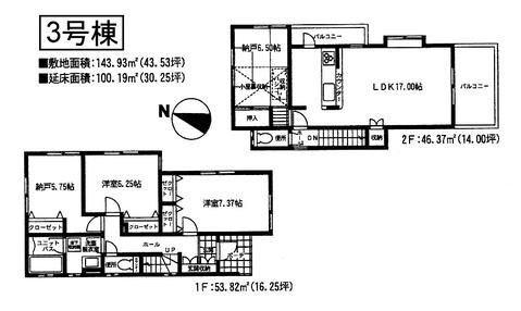 Floor plan. (3 Building), Price 25,800,000 yen, 3LDK+S, Land area 143.93 sq m , Building area 100.19 sq m