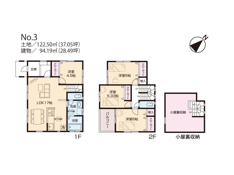 Floor plan. (3 Building), Price 36,800,000 yen, 3LDK+S, Land area 122.24 sq m , Building area 94.19 sq m