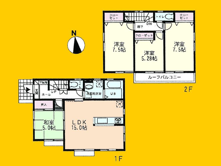 Floor plan. (Building 2), Price 32,500,000 yen, 4LDK, Land area 136.05 sq m , Building area 94.39 sq m