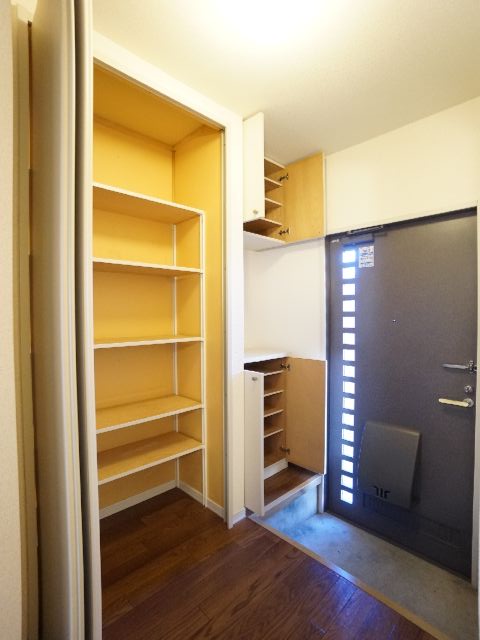 Entrance. Storage shelves of the entrance and the entrance side with a shoe box