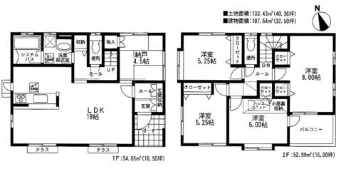 Floor plan. 36,800,000 yen, 4LDK + S (storeroom), Land area 133.43 sq m , Building area 107.64 sq m LDK18 Pledge There is attic storage