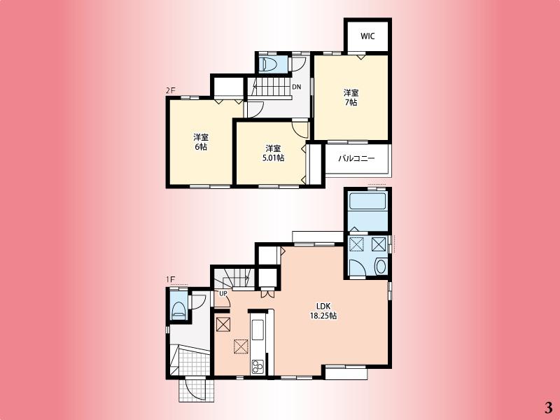 Floor plan. (3 Building), Price 34,900,000 yen, 3LDK, Land area 104.73 sq m , Building area 89.84 sq m